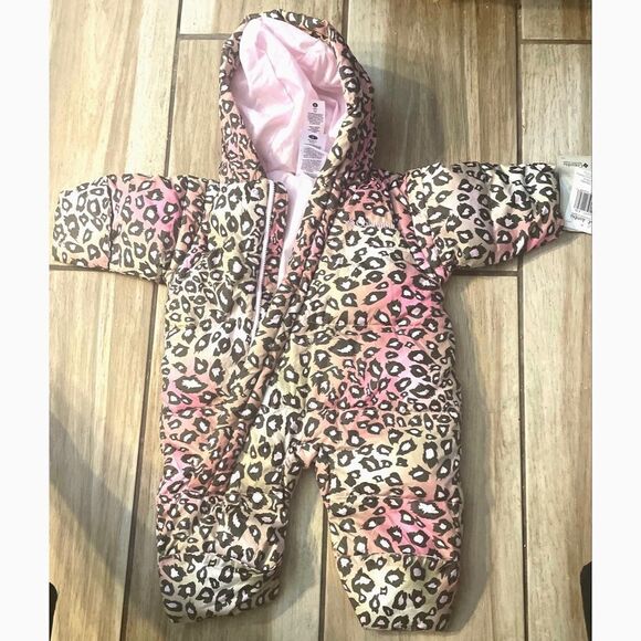 NEW COLUMBIA LEOPARD PINK TAN OMBRE ZIP UP HOOD PUFFER DOWN BUNTING SNOWSUIT 6 M - Picture 1 of 10